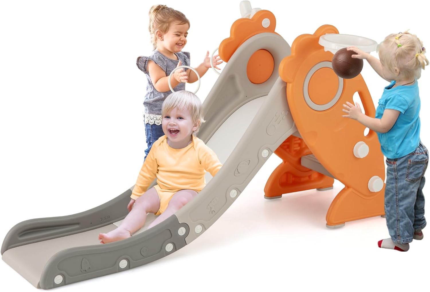BABY JOY Toddler Slide for Kids, 4 in 1 Indoor Foldable Kids Slide w/Climber, Basketball Hoop & Ring Toss, Folding Climber Playset Baby Freestanding Playground