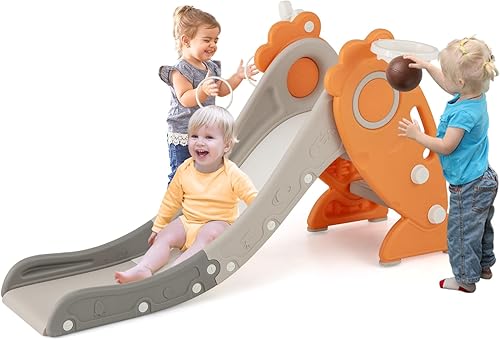 BABY JOY Tobogán para niños pequeños, 4 en 1 para interiores plegables con escalador, aro de baloncesto y lanzamiento de anillo, juego plegable para