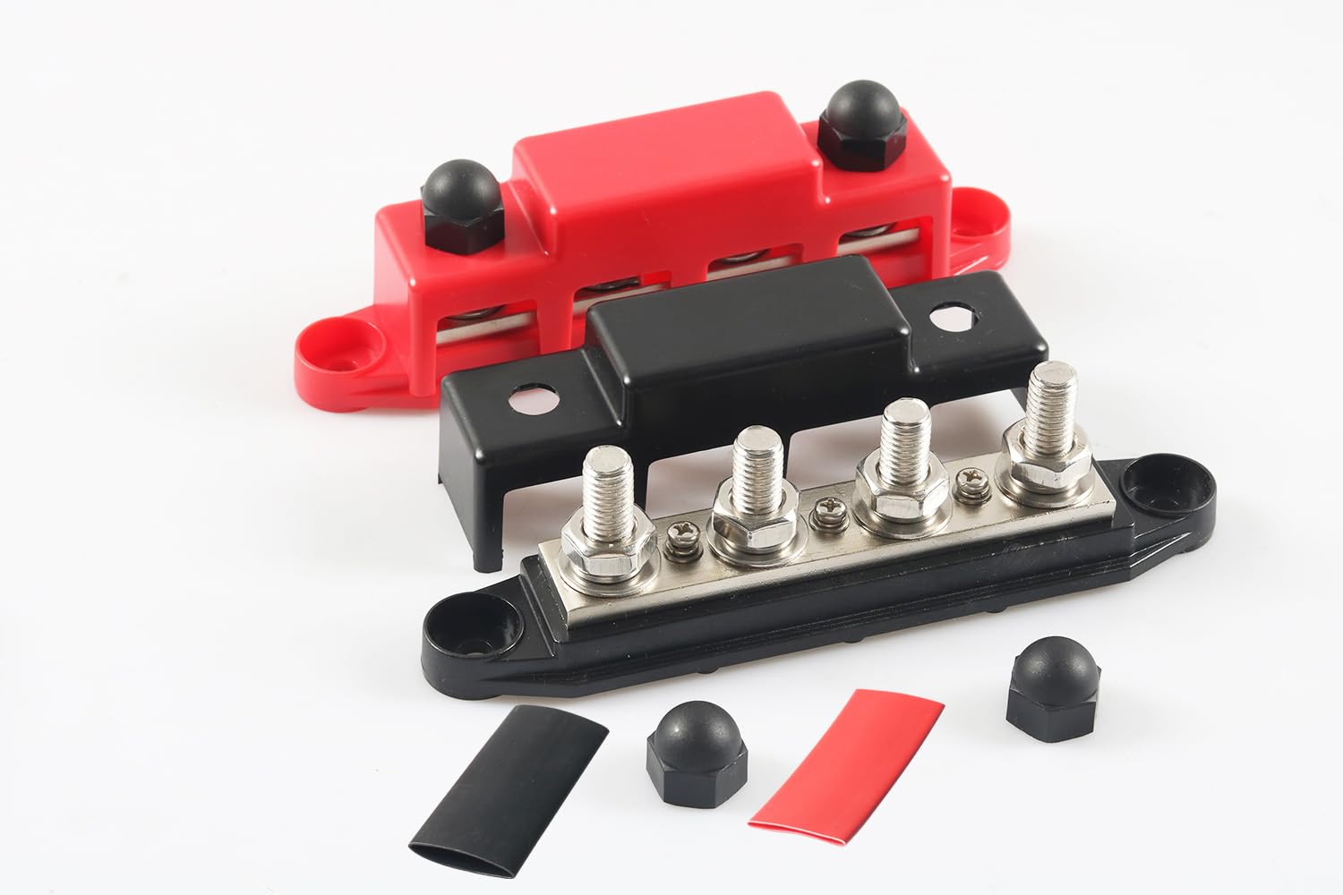 Heavy Duty Busbar - Binario di raccolta M10 300A, per barca, camper, roulotte, auto, pannello in ottone con tubo termoretraibile (rosso + nero)
