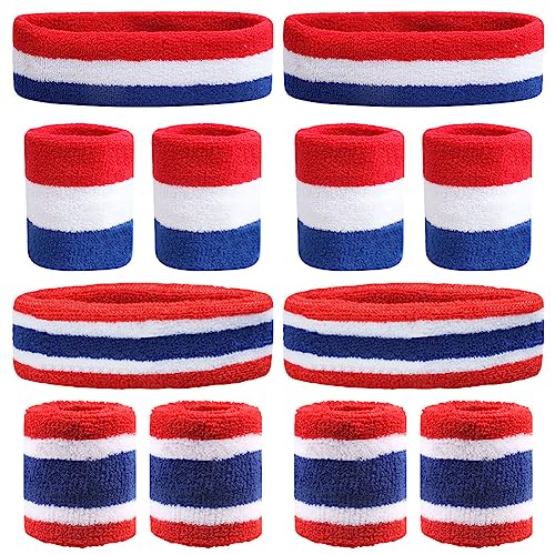 ZUYYON 12 Pcs Striped Sweatband Headbands Set, 4 Pcs Sweat Absorbing Striped Headbands and 8 Pcs Cotton Sweat Bands Wristbands for Men Women Sports Gym(Red, White, Blue)