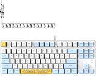 MAGIC-REFINER AK873 Gaming Keyboard,Rainbow LED Backlit,Hot-Swappable Blue Switch,PBT Keycap,75% TKL Layout,Ergonomic Mechanical Keyboard with Custom Coiled USB/Type-C Aviation Cable(Blue White)