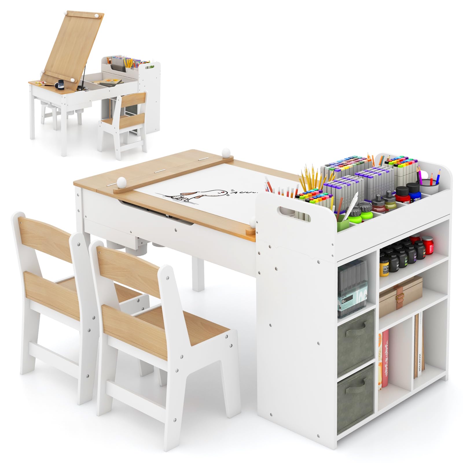 GOPLUS Mesa de Arte 2 en 1 con 2 Sillas, Juego de Sillas para Niños con Tablero de Mesa Plegable, Portarrollos de Papel, Barras de Presión y Estantes, Juego de Muebles Infantil (Natural)