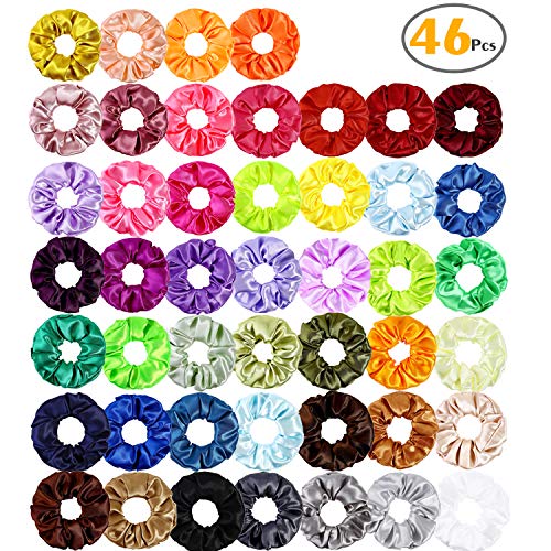 Satin Scrunchies Hair Elastics Scrunchies Hair Bands Ties for Women Girls, 46 Colors