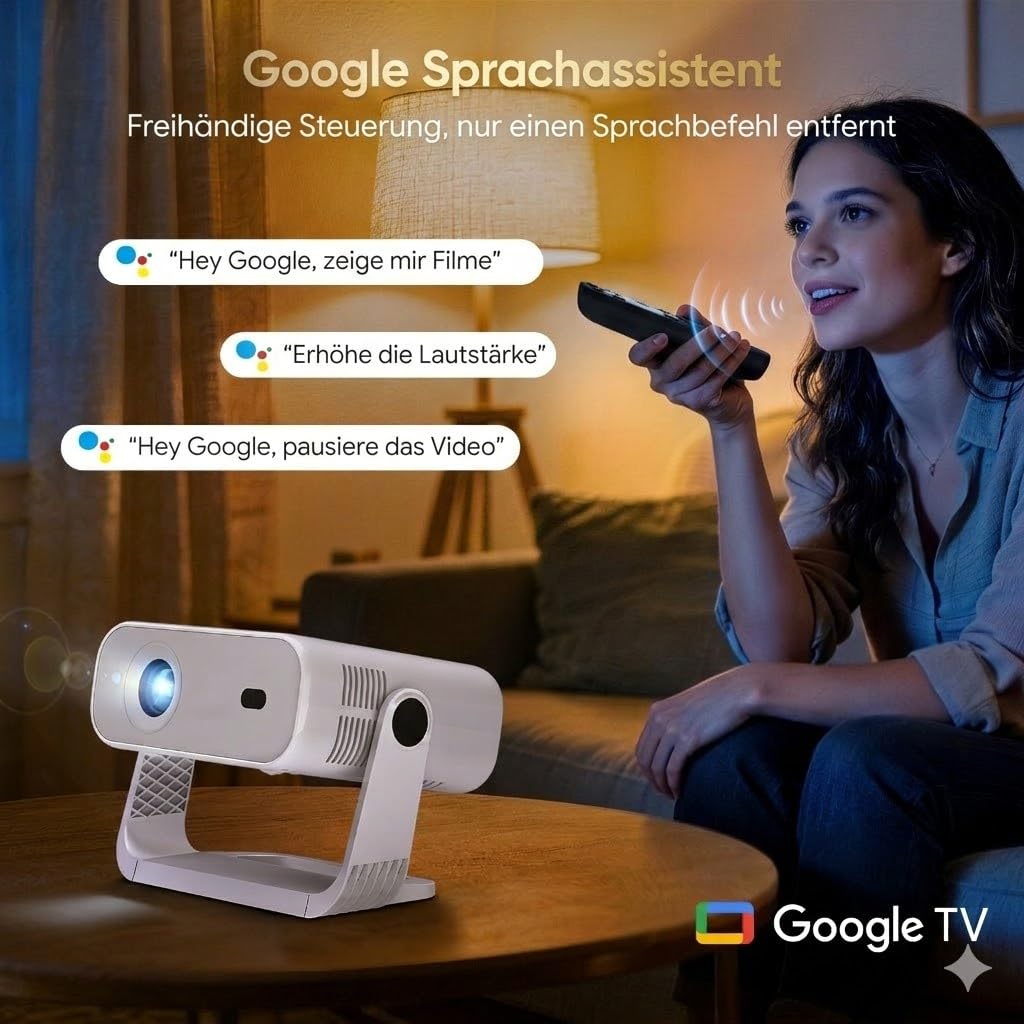 [Wielio 2026 Upgrade Google TV Beamer] Natives 1080P, 4K-Unterstützung, 25000 Lumens,elektrischer Fokus & Trapezkorrektur, WiFi & BT Heimkino Beamer, Mini Projektor mit 360° drehbarem Ständer