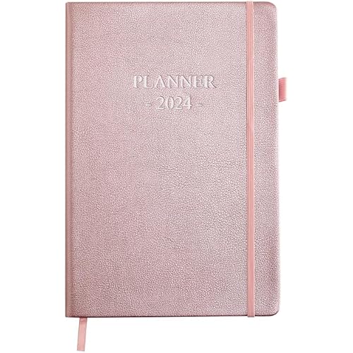 2024 Planner - Weekly Planner with Monthly Pages, 5.6" x 8.2", Vegan Leather Hardcover, Elastic Band and Pen Holder, Rose