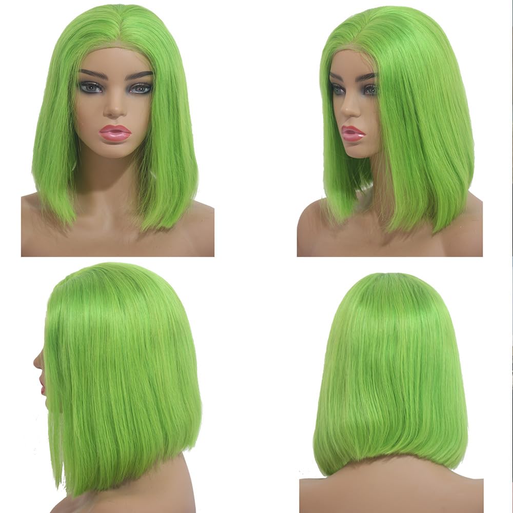 ?GREEN HUMAN HAIR BOB SHORT LACE FRONT WIG? *NEW Amazon.com : Smavida Lime Green Human Hair Wig 13×4 Lace  main image 4
