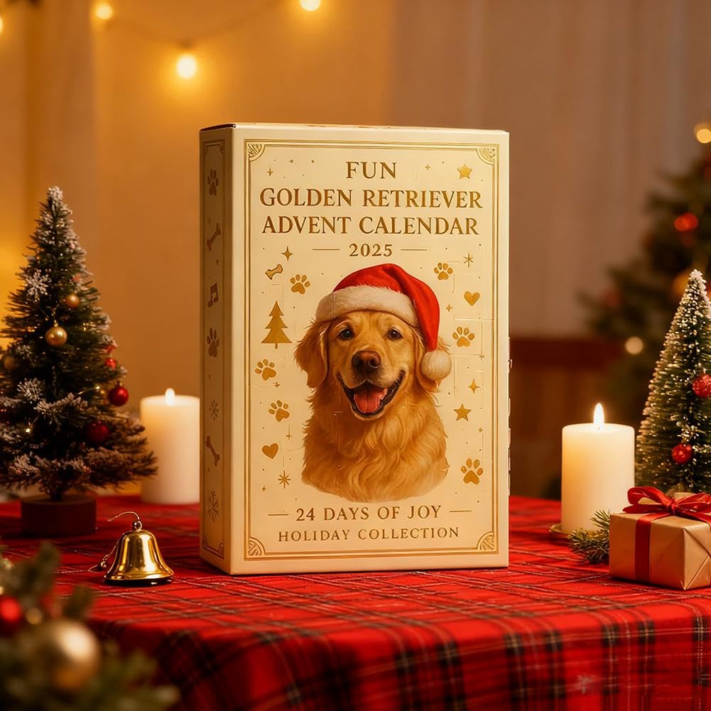 Divertente calendario dell'avvento 2025 con Golden Retriever, set regalo a tema cuccioli, conto alla rovescia per Natale da 24 giorni, con decorazioni 2D in acrilico per gli amanti degli animali