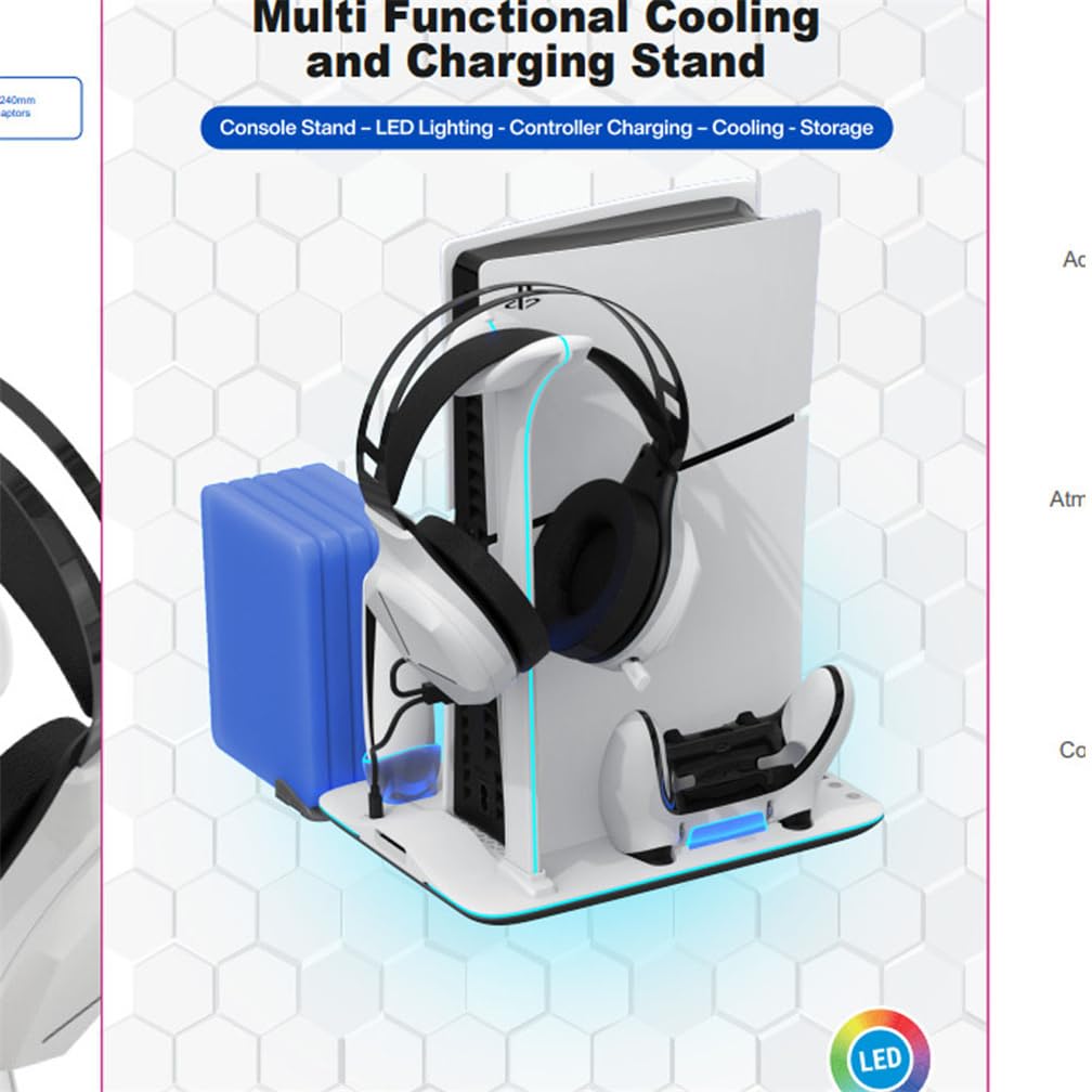 Per PS5 Slim Host Supporto Multifunzionale Della Base di Dissipazione del Calore per la Ricarica del Controller di Gioco PS5slim e lo Scaffale di Stoccaggio del Disco (BIANCO)