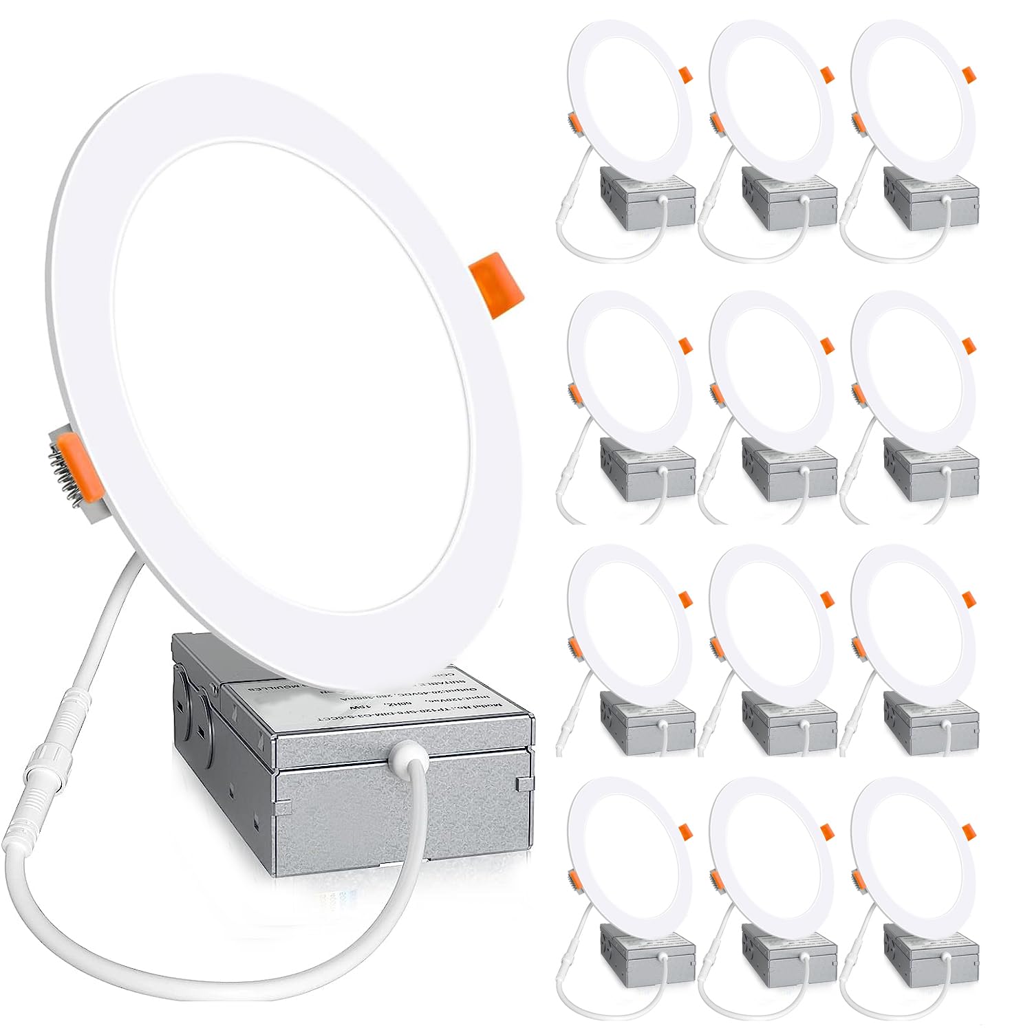 Aophatop 12 Pack 6 Inch 6000K Daylight Ultra-Thin LED Recessed Ceiling Light with Junction Box, 1080LM Brightness, Dimmable Canless Wafer Downlight 12W 110W Eqv Can-Killer Downlight.