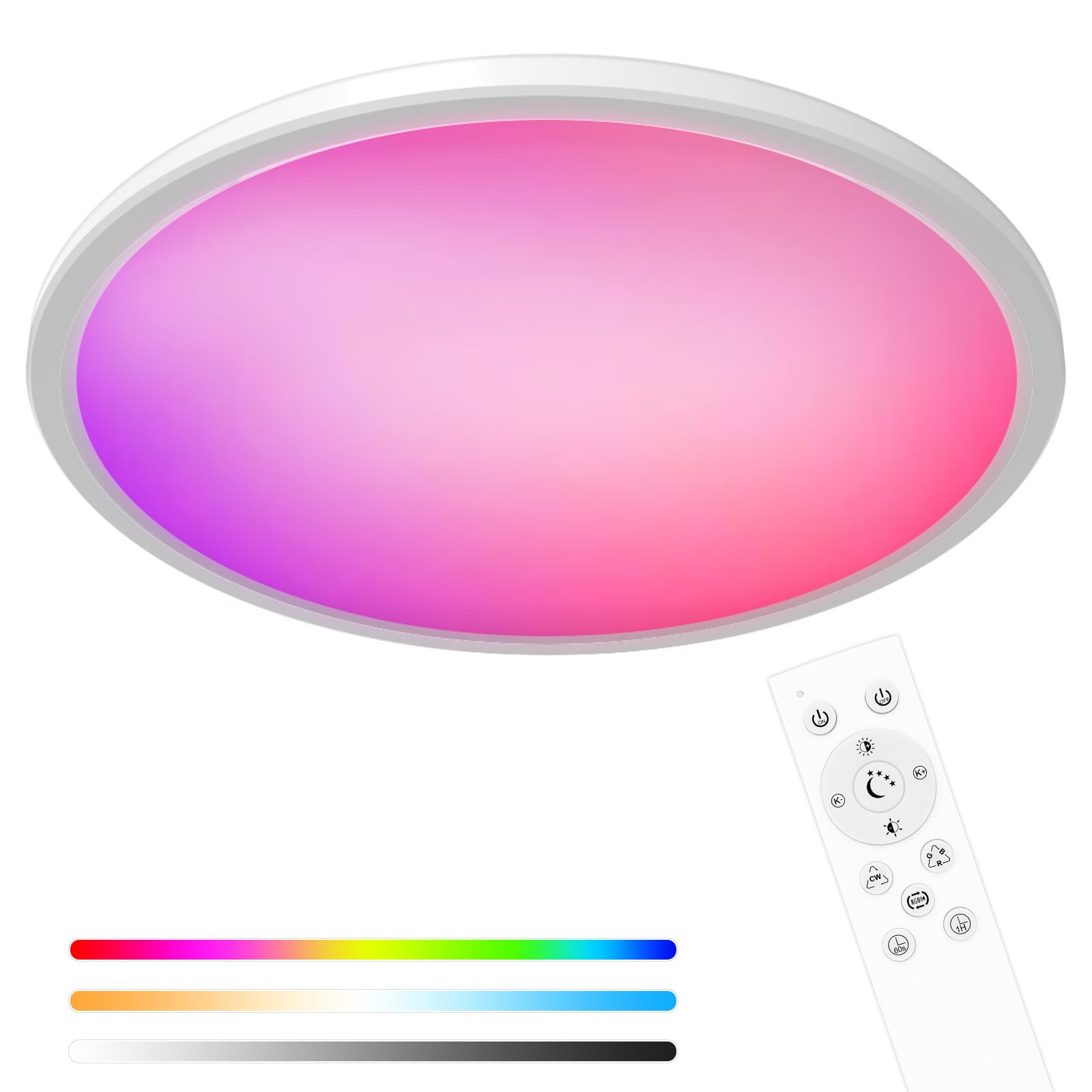 hepside LED Deckenleuchte Dimmbar, 24W Ø30cm LED Deckenlampe mit Fernbedienung, RGB Deckenlampe Farbwechsel, 3000K-6500K Rund Led Deckenleuchte Flach 2400LM für Schlafzimmer Badezimmer Wohnzimmer