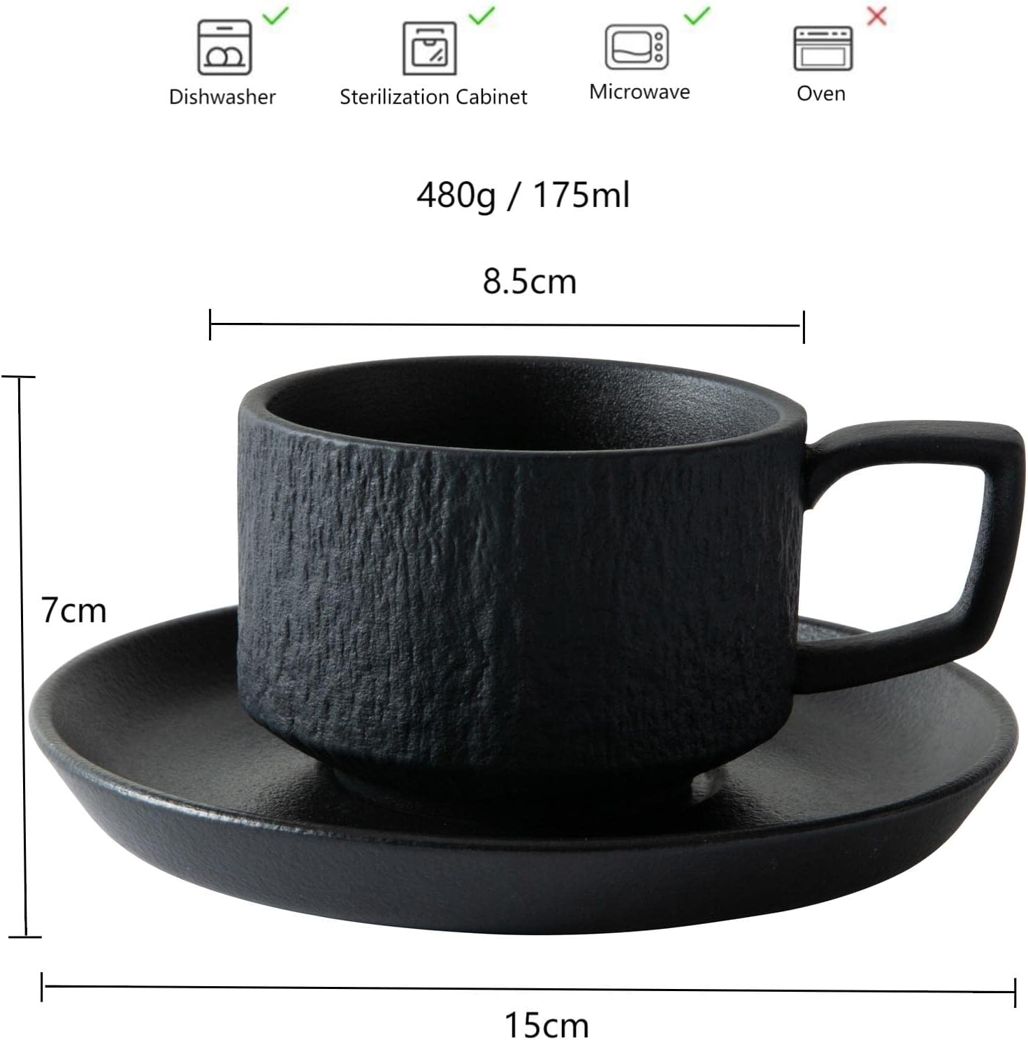 Rock Texture Embossed Ceramic Coffee Set, Black, 6 oz