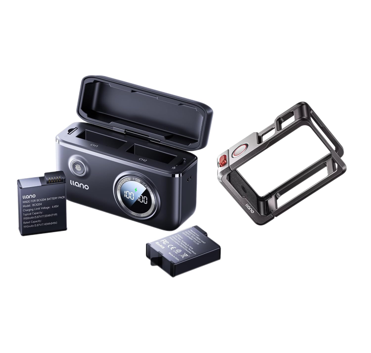 18W Dual-Slot LED Display Charger with 2×1950mAh Batteries + Protective Aluminum Cage, Safe, Compact & Travel-Ready