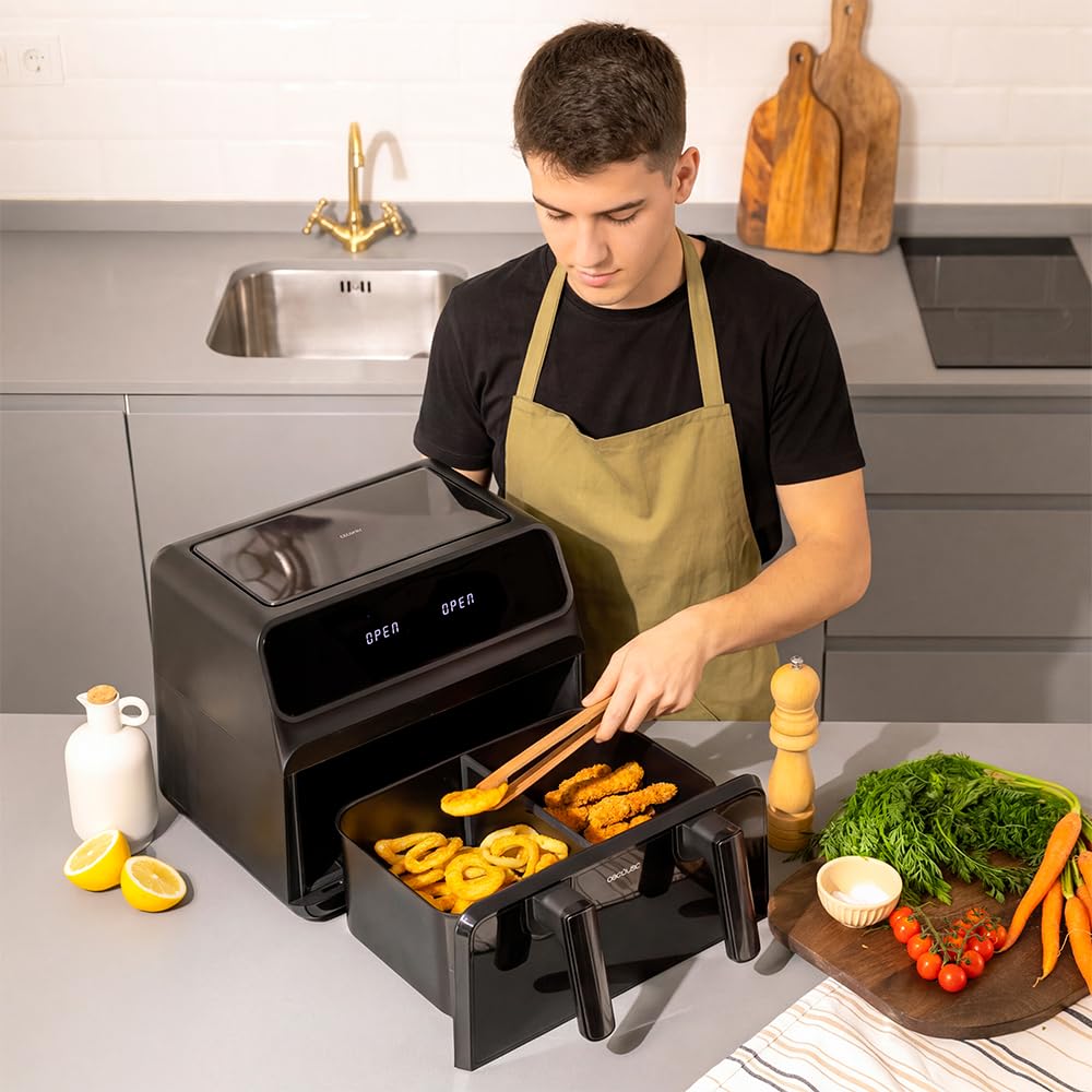 Cecotec 9L Cecofry Advance 9000 Windows Frytkownica powietrzna, bezolejowa, 2200 W, podwójne wiadro 4,5 l, ścianka działowa, podwójna temperatura, wyświetlanie okna, 8 menu, Temp 60-200 stopni, panel