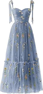 Sevintage Flower Embroidered Tulle Prom Dresses Spaghetti Straps Tea Length Formal Cocktail Party Gown