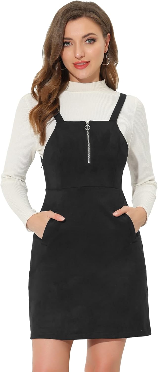 Allegra K Women's Faux Suede Zipper Front A-Line Overall Pinafore Dress