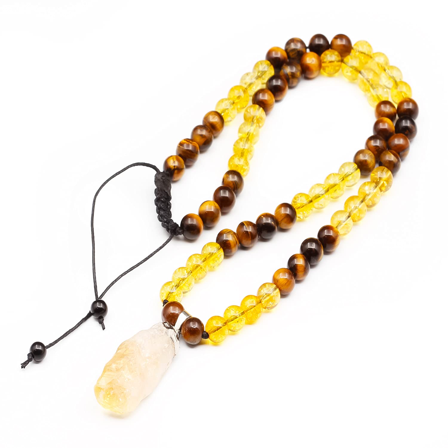 ElisaJewelryArt - Men's Natural Citrine Beads Necklace Tiger Eye Bead Necklace Macrame Beaded Necklace Irregular Raw Crystal Citrine Pendant