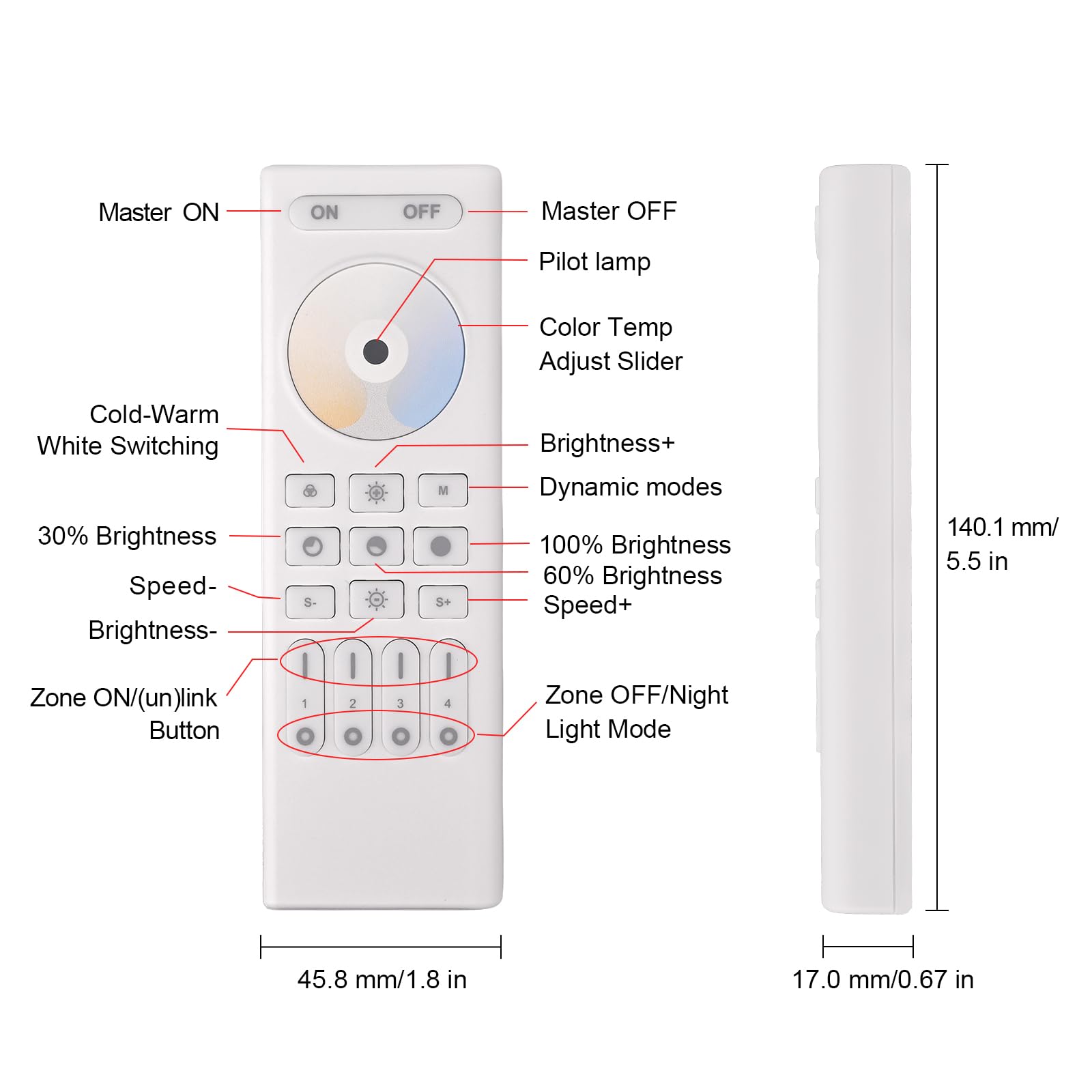 TUNICHX CCT Dual White RC02RF RF Remote 2.4G 4-Zone Touch RF Remote for CCT Controller 5050SMD FCOB COB CCT Work with WB5 LM052 LM053 C02W C02Z C02RF etc