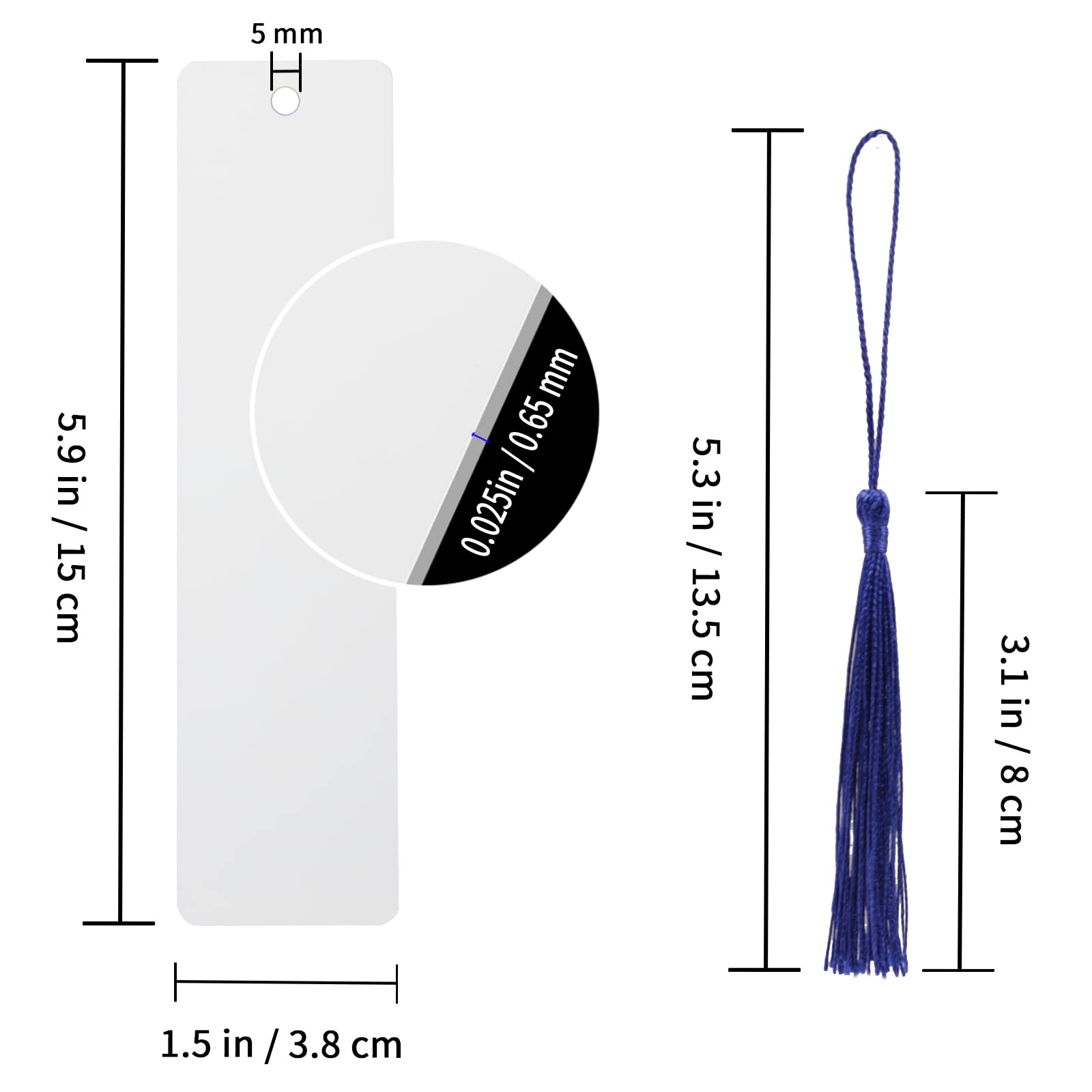 100 segnalibri a sublimazione vuoti 15 x 0,65 mm a trasferimento termico in alluminio segnalibro fai da te con foro e nappe colorate per artigianato, segnalibri vuoti con nappe personalizzate, bianco