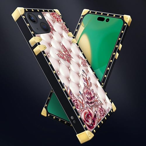 Miniatura 4 de Funda compatible con iPhone 15 Plus, diseño de diamantes de mariposa, para niñas y mujeres, decoración de lujo, cuadrada, suave, TPU a prueba de