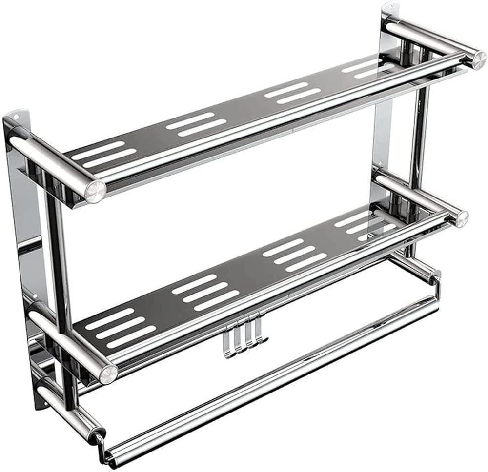 UYCVT 2-Layer Stainless Steel Shower Caddy with Hooks Wall-Mounted Storage Shelf for Shower Bathroom Kitchen Organization 60Cm-60cm