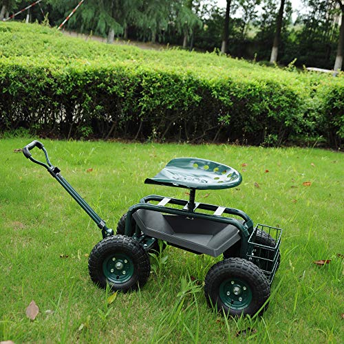 KARMAS PRODUCT Steerable Garden Stool Cart with Tool Tray and Storage Basket on Wheels Rolling Work Seat Heavy Duty Scooter with Extendable Steer Handle Green