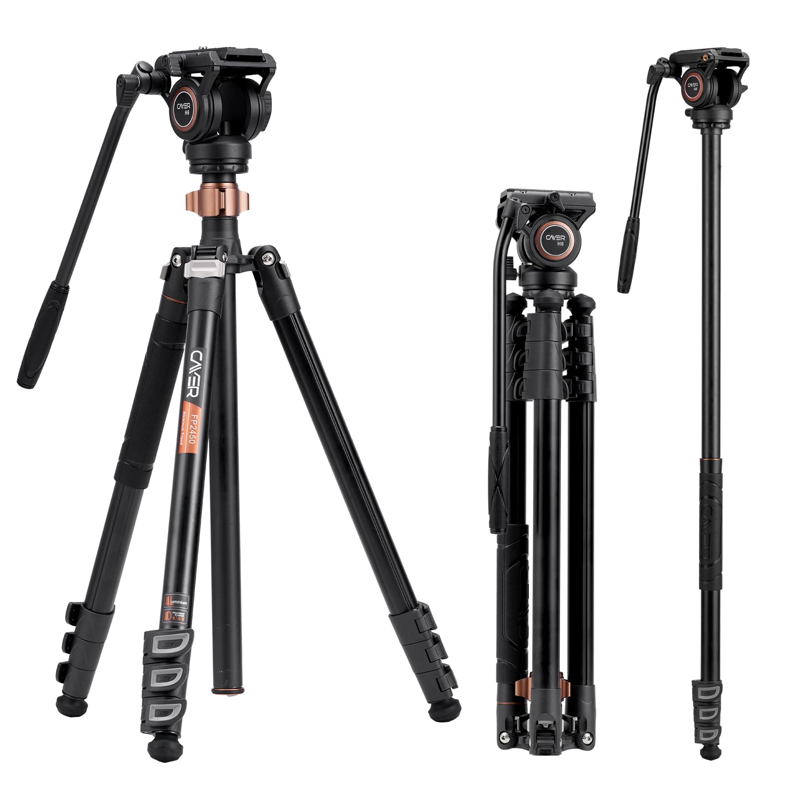 Cayer FP2450 Fluid Head Tripod 75 inches Aluminium Video Tripod 4-Section Compact Camera Tripod Monopod with Fluid Head