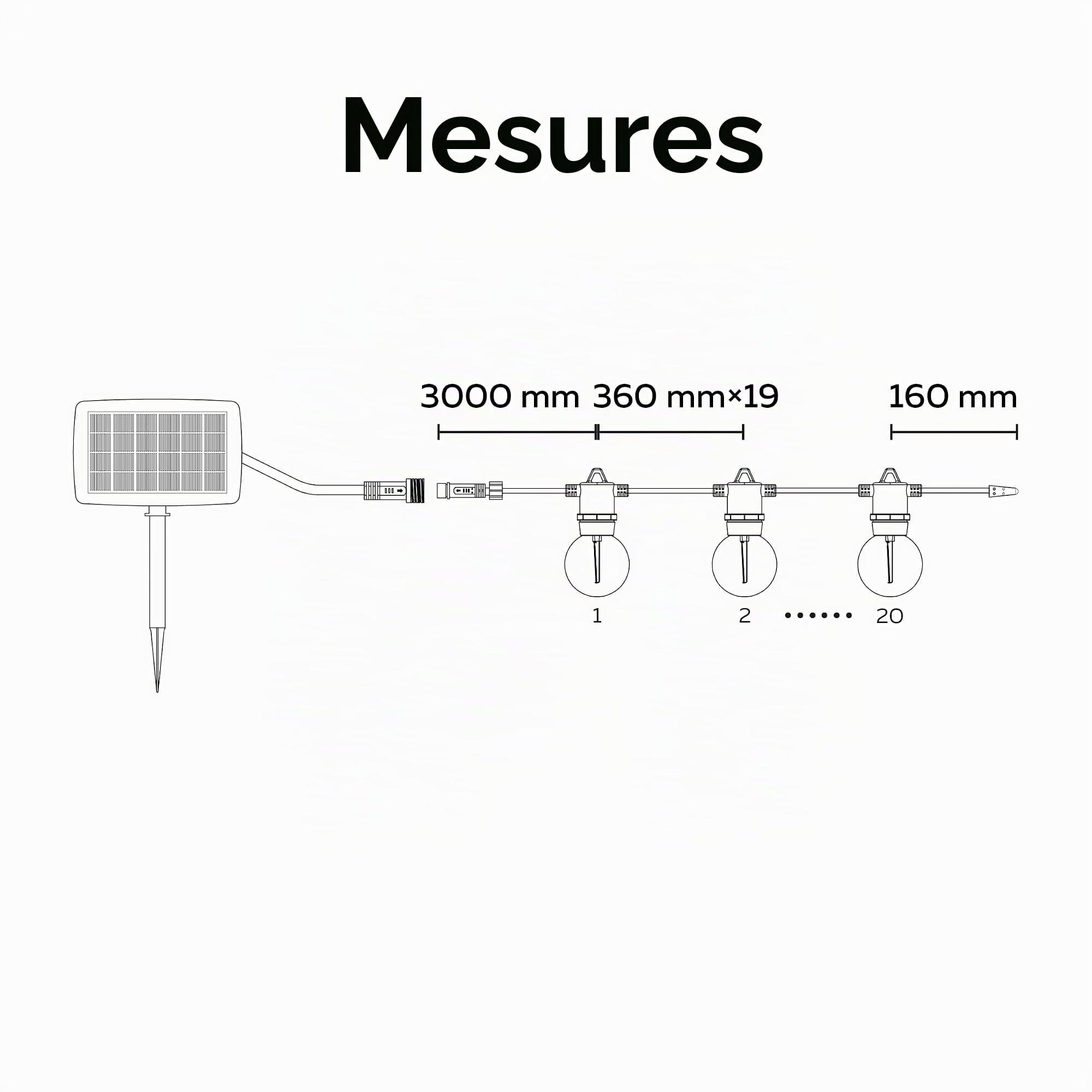 CALEX Vista Guirlande Solaire 10 m/33 pi, Éclairage LED de Jardin, 20 Ampoules, Guirlande Étanche IP44, Éclairage Chaleureux, Télécommande Incluse