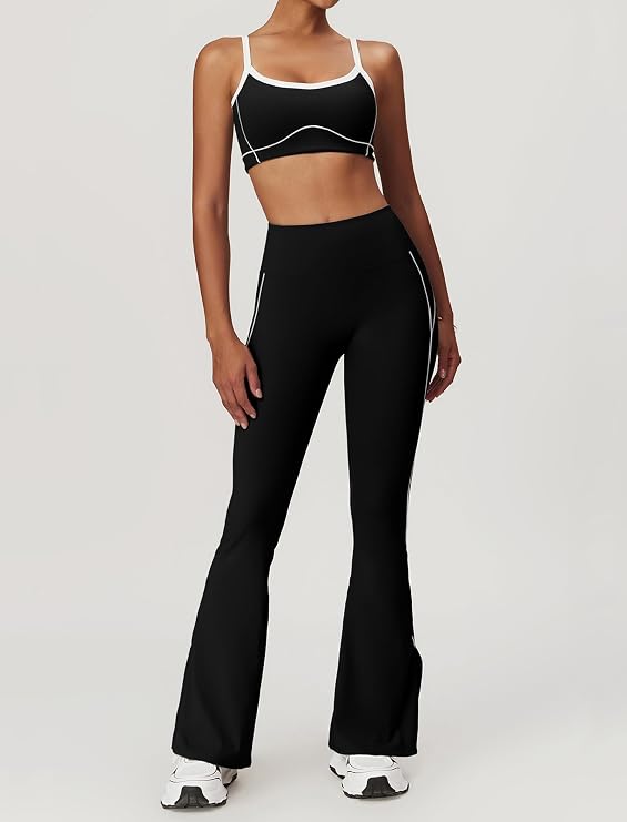 OMEWEE Yoga sets for women 2 piece Fashion contrasting lines Sports Bra and High Wasit Split hem Flared Leggings