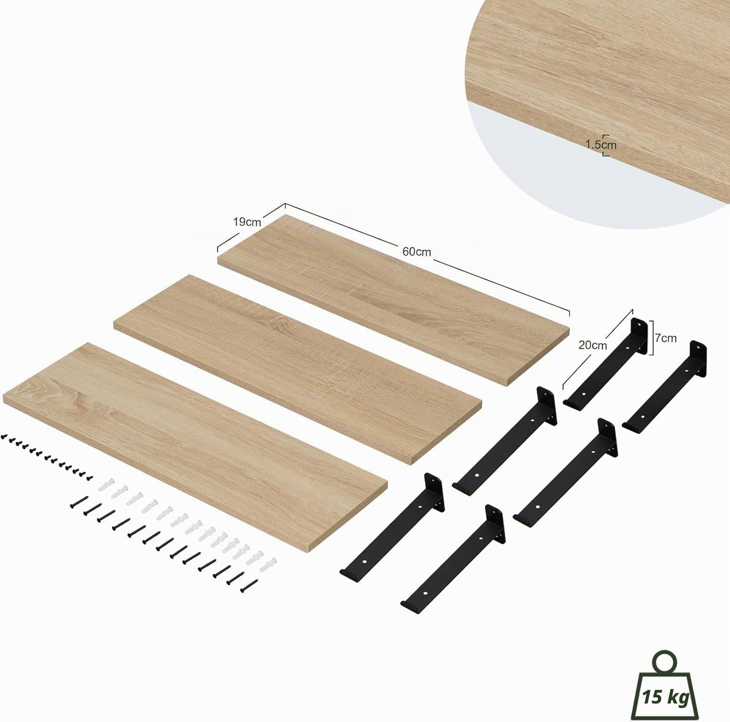 EUGAD Étagère Murale Lot 3, Étagères Flottantes, Noir+Effet de Bois Clair