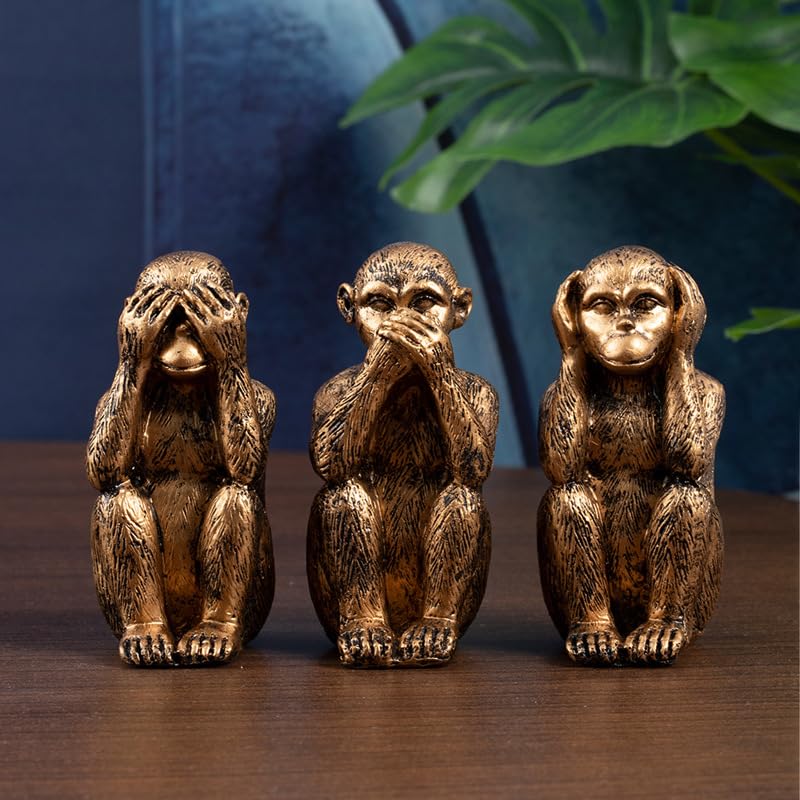 Lot de 3 statues de singes de la sagesse – Écoutez, voyez, ne parlez pas du mal – Décoration d'intérieur et cadeau en bronze