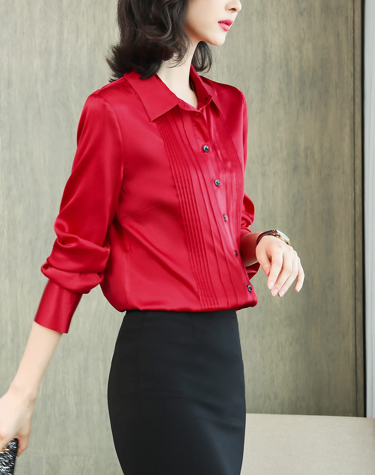 DISSA S6619 - Blusa de seda para mujer, con botones sólidos, manga larga, con solapas, de seda, rojo, 40