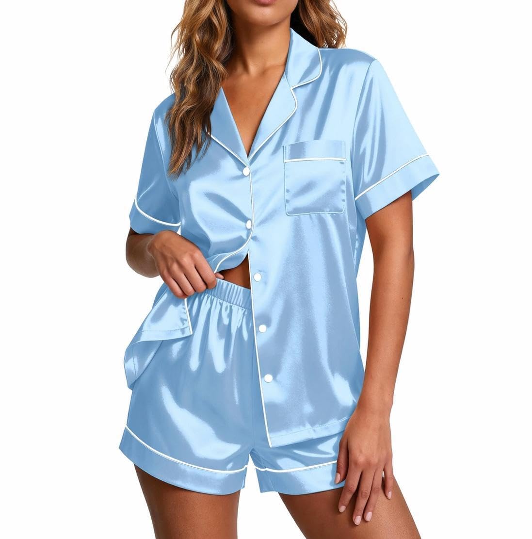 Ekouaer Pajamas for Women Set Silk Satin Pjs 2 Piece Button Down Sleepwear