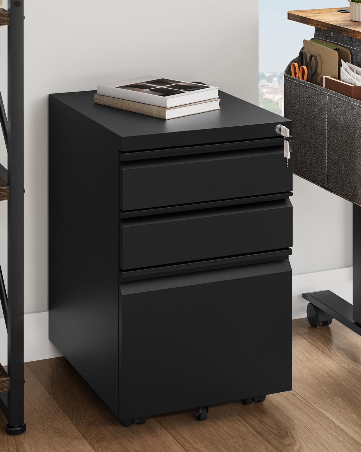 YITAHOME Armadietto portadocumenti completamente assemblato con serratura a 3 cassetti per lettere/legale/A4, per ufficio e casa mobile con ruota, nero, 46x39x62 cm