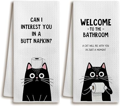 XUISWELL970 Black Cat Mom Lady Lovers Gifts for Women, Funny Welcome to The Bathroom A Balck Cat Will Be with Hand Towels for Decor, 16x24 Inches Set of 2
