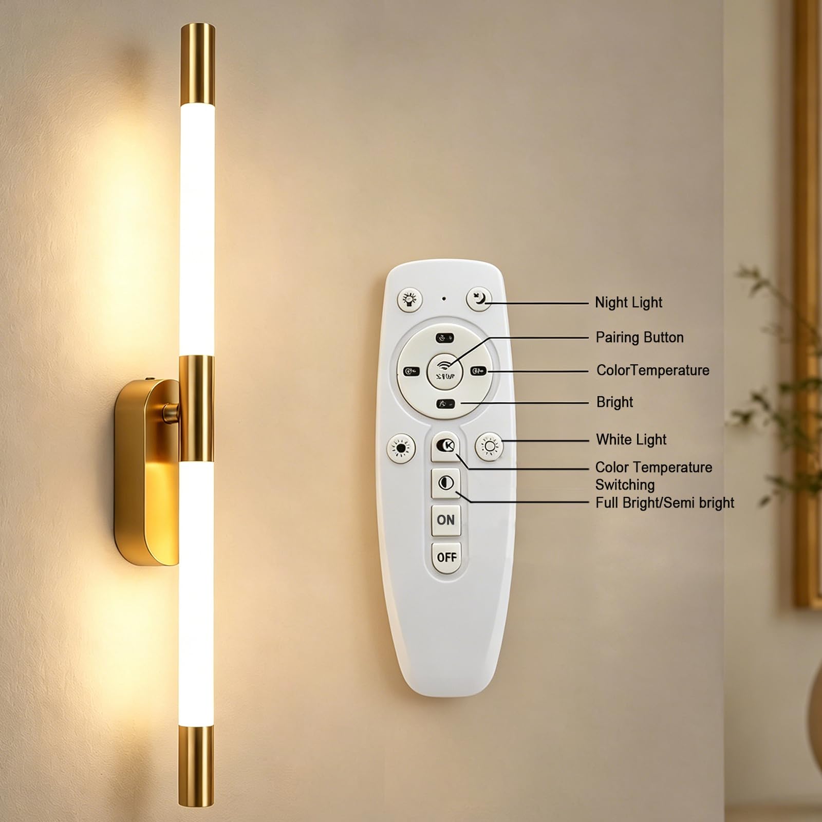 2er Set LED Wandleuchte Innen Gold Dimmbar mit Fernbedienung | 60cm Lange, 18W LED, Acryl Lampenschirm, Verstellbare Farbtemperatur Helligkeit, für Schlafzimmer, Flur, Treppenhaus