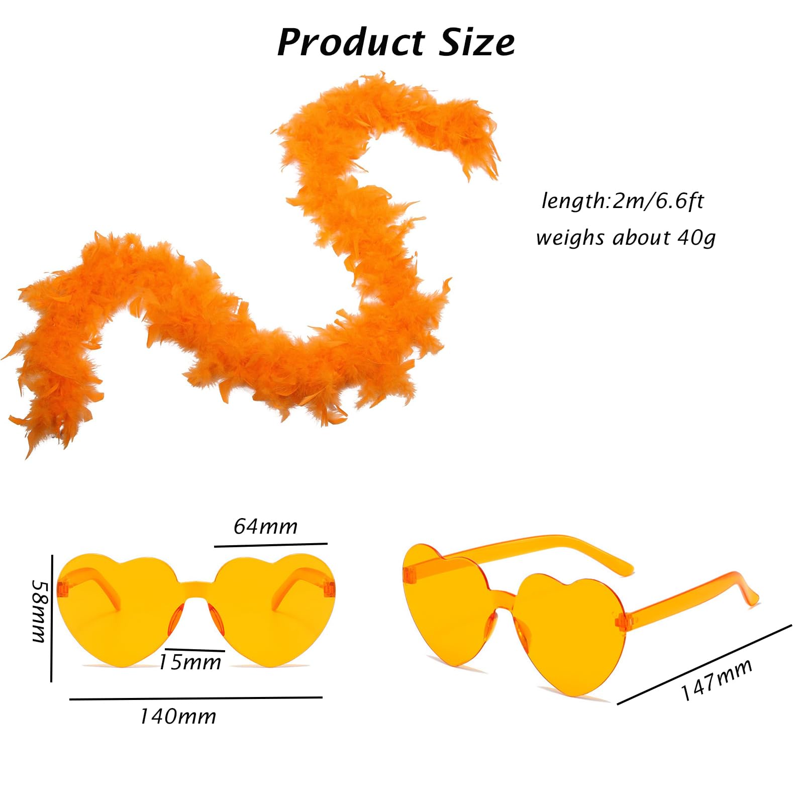 Feather Boa, 2m/6.6ft Natural Turkey Orange Feathers Boa And Orange Heart Sunglass - Image 2