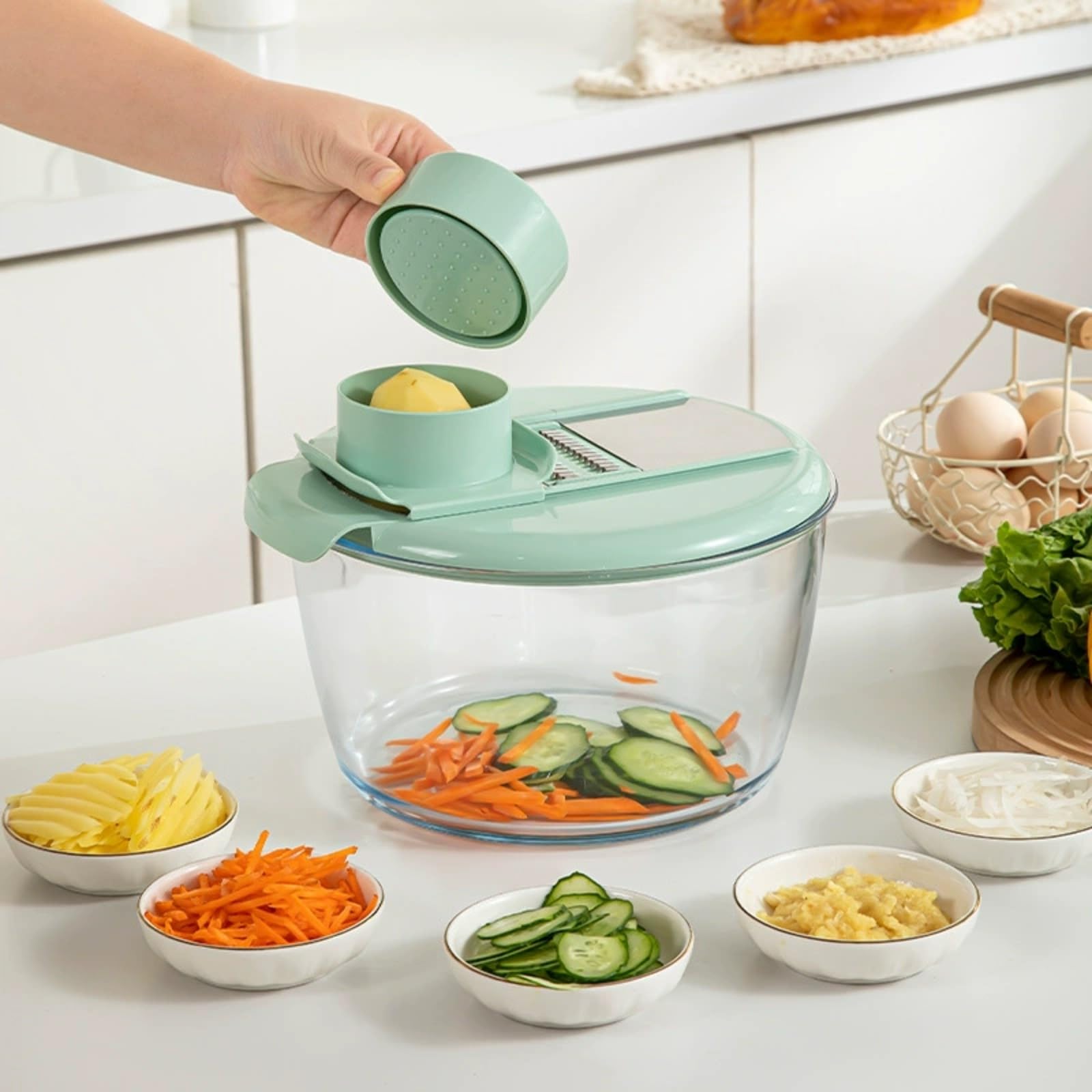 Manueller Salatspüler mit Glasschüssel Und Drehkorb Zum Gemüsewaschen Und Trocknen für Den Täglichen Küchengebrauch für die Zubereitung von Salaten Und Mahlzeiten, Grün, Set