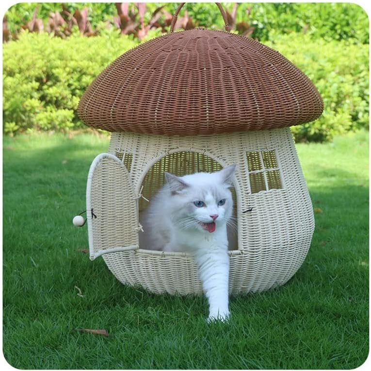 review Closed Going Out Home Dual-use pet nest Rattan nest Cute cat nest Dog Kennel Anti-Rattan Mushroom House cat nest (Size : Brown)