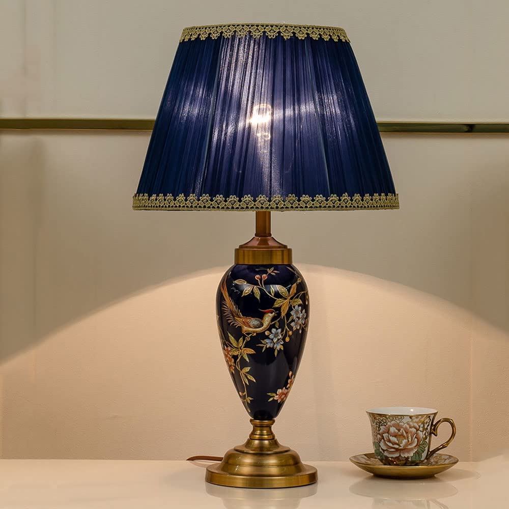 Lampa Stołowa Lampy Stołowe Do Salonu Ceramiczna Lampa Stołowa Malowane Ręcznie Kwiaty I Ptaki W Złotym Szkliwie Metalowa Podstawa Klosz Z Tkaniny Do Sypialni Lampy Stołowe Do Biura Lampka Nocna, Ści