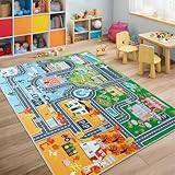 Car Rug Play Mat for Kids Toy Cars, 4' x 5' Town City Track Road Carpet, Non-Slip Machine Washable Town City Track Road Rugs Four Seasons Theme Traffic Mat for Kids Room Bedroom Game Safe Area