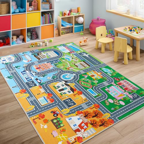 Car Rug for Kids Toy Cars, Town City Track Road Carpet Playmat with Non-Silp Backing, Traffic Playmat for Road Washable Rugs Four Seasons Theme Traffic Mat for Kids Room Bedroom Game Safe Area, 3'x4'