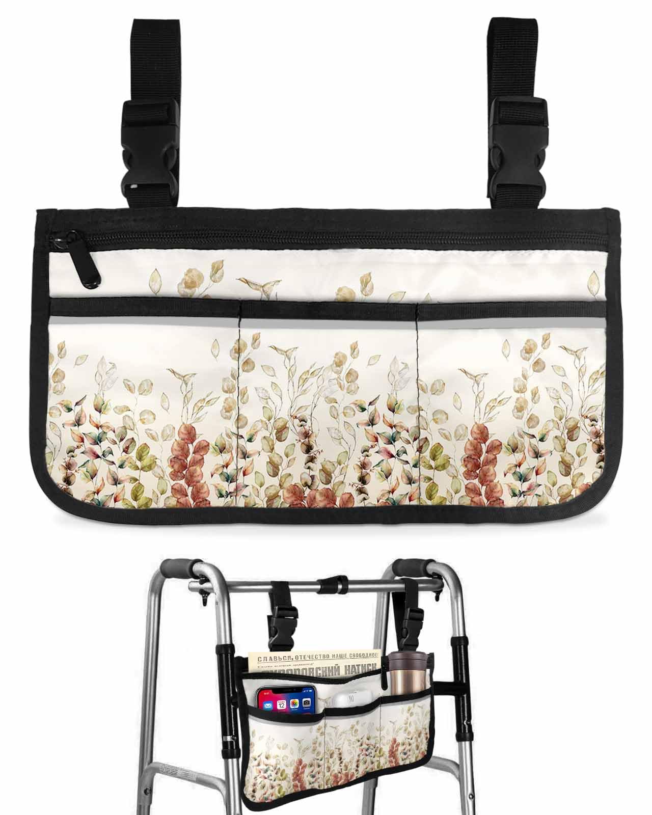 Fall Eucalyptus Leaves Wheelchair Side Bag Walker Bag, Farmhouse Autumn Harvest Botanical Wheelchair Accessories Armrest Pouch, Organizer Storage Bag for Walkers, Rollators, 7.3''x13''