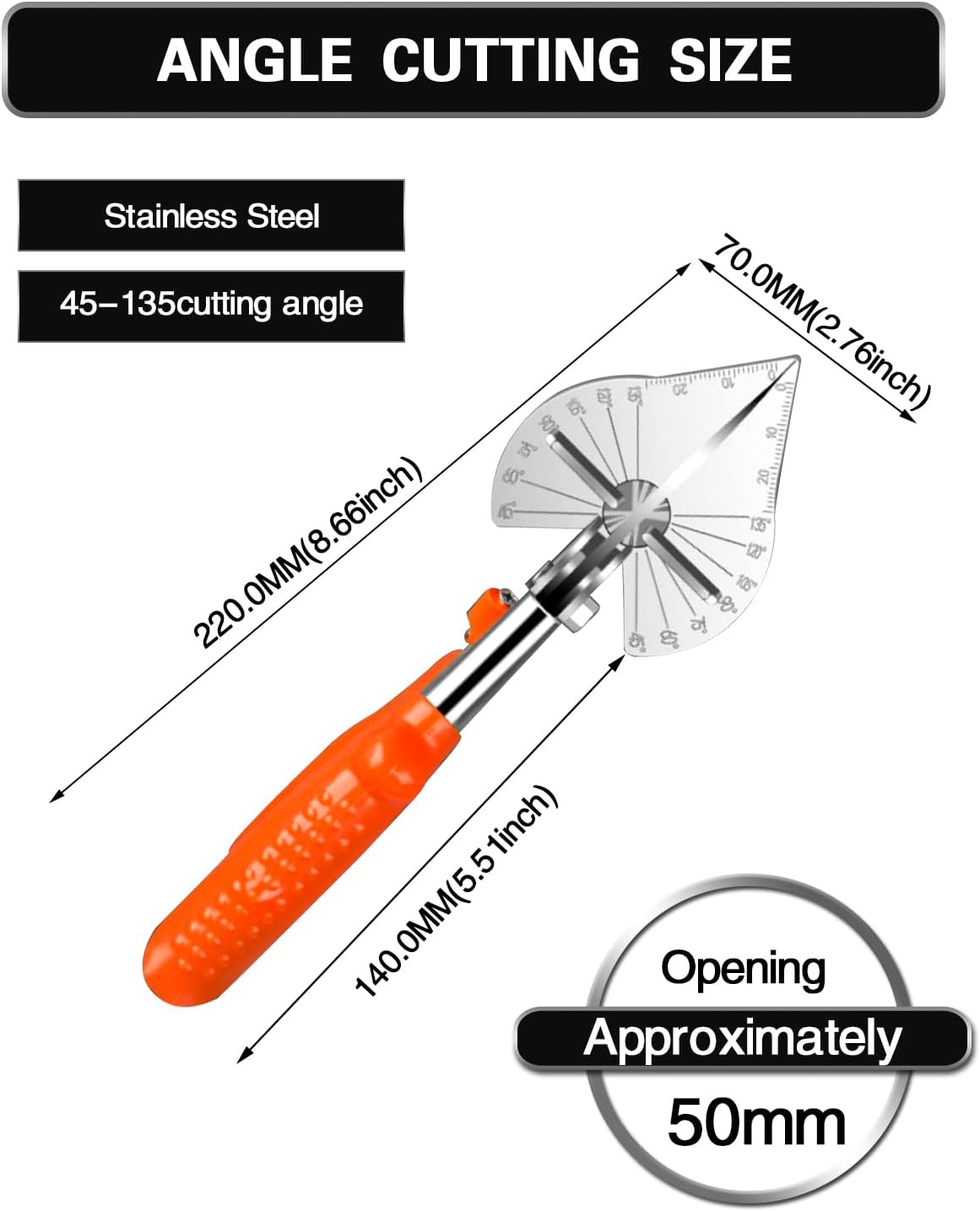 45° - 135° Angle Miter Shear Cutter - Orange, Multi-Function Trunking Scissors, Quarter Round Cutting Tool for PVC, PE Pipe, Soft Wood, Branch, Wire, DIY Toy Gift, Including 1 Spare Blade image 2