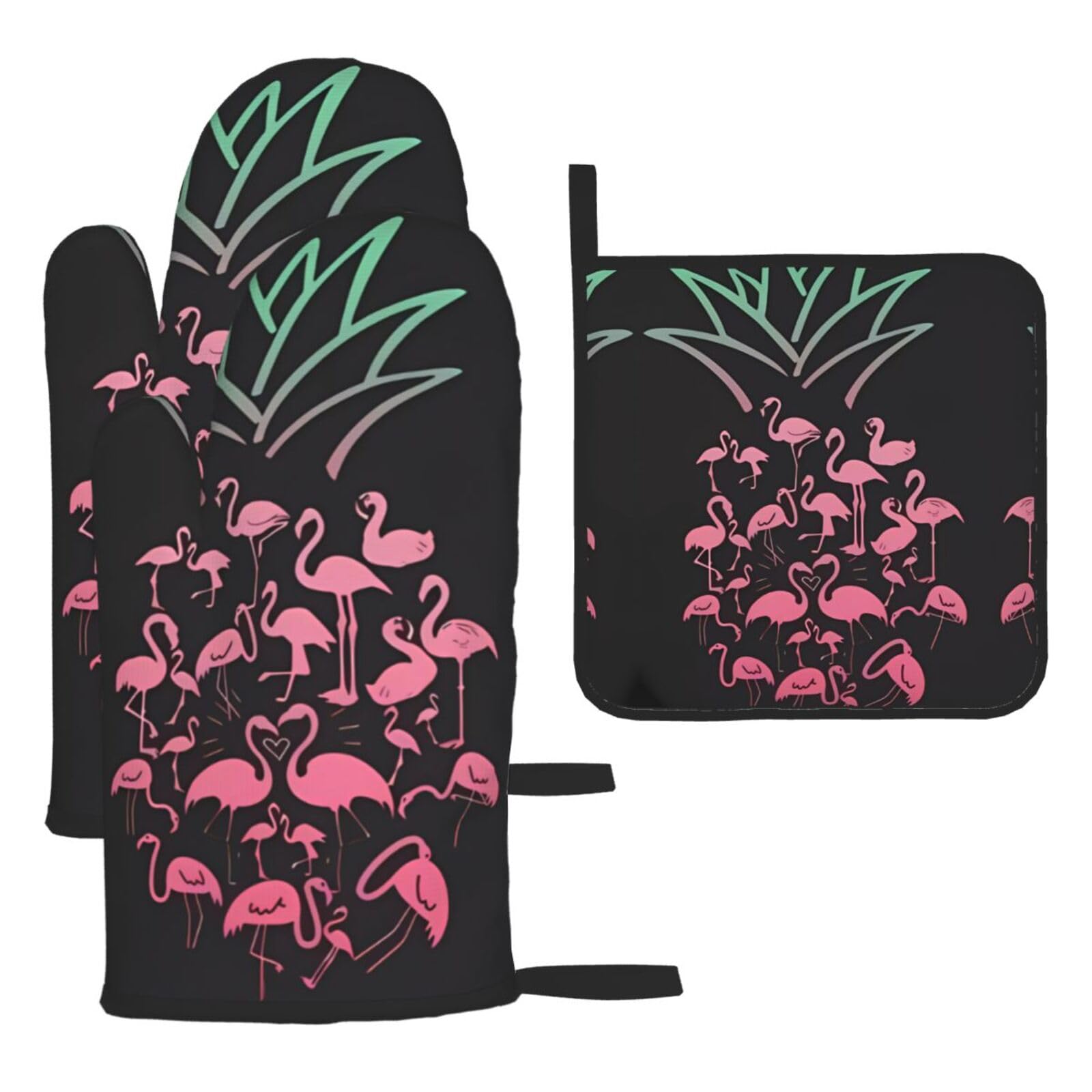 pineapple flamingos 3-Piece Oven Mitt Set - Printed Heat Resistant Gloves with Pot Holder Mat for Cooking Baking BBQ Grill - Polyester Kitchen Accessories