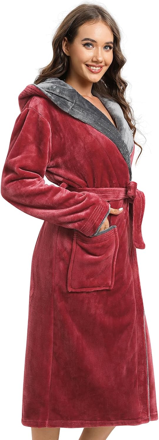 Kniffi Womens Winter Robe Fleece Hooded Bathrobe Plush Warm Robes - Image 3