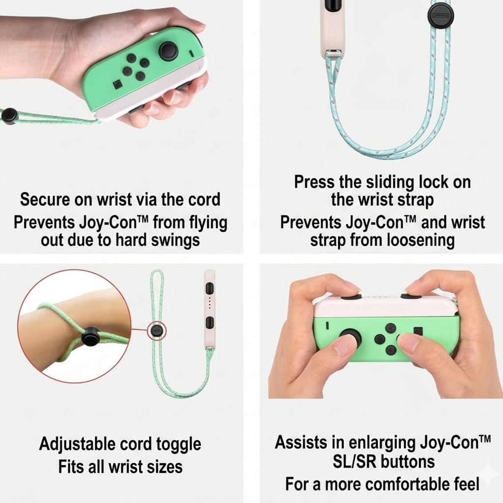 Lot de 2 Dragonnes Tressées Colorées pour Nintendo Switch Joy-Con, Lanières de Sécurité Stylées, Idéales pour Animal Crossing, Mario Kart (Mix Vert/Bleu)