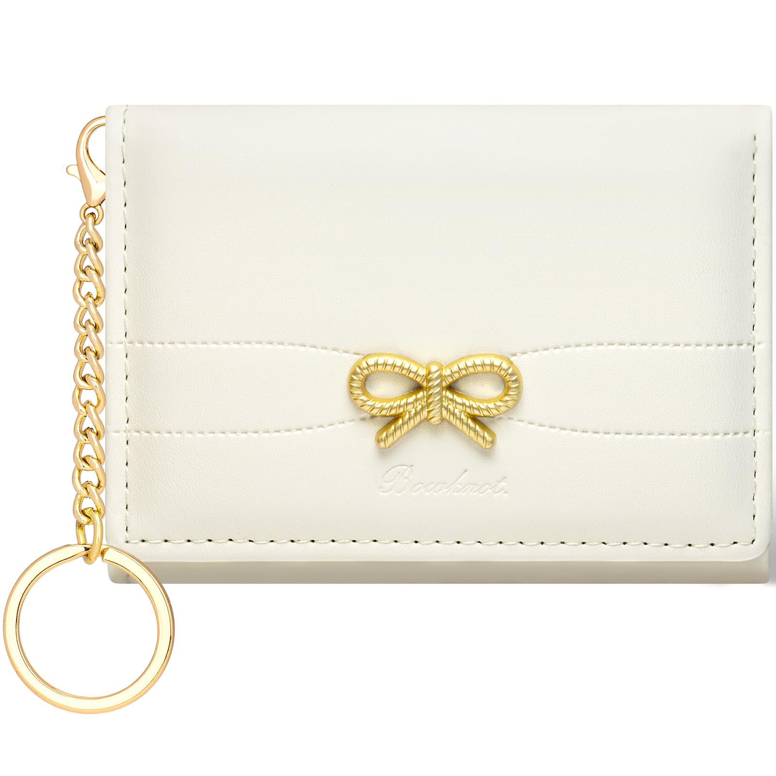 BIAOTIE Coquette Bow Wallet for Women, Small Slim Trifold Womens Wallet with Key chain Cute Aesthetic Card Holder ID Window for Girl (White)