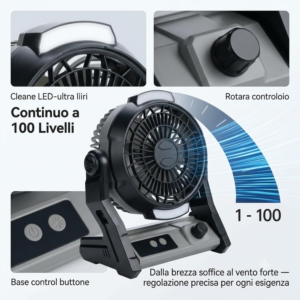 Ventilatore da campeggio ricaricabile con power bank da 10000 mAh, 25 ore di durata ventilatore da soffitto portatile da scrivania con timer, luce LED a 2 livelli per esterni, per camper e