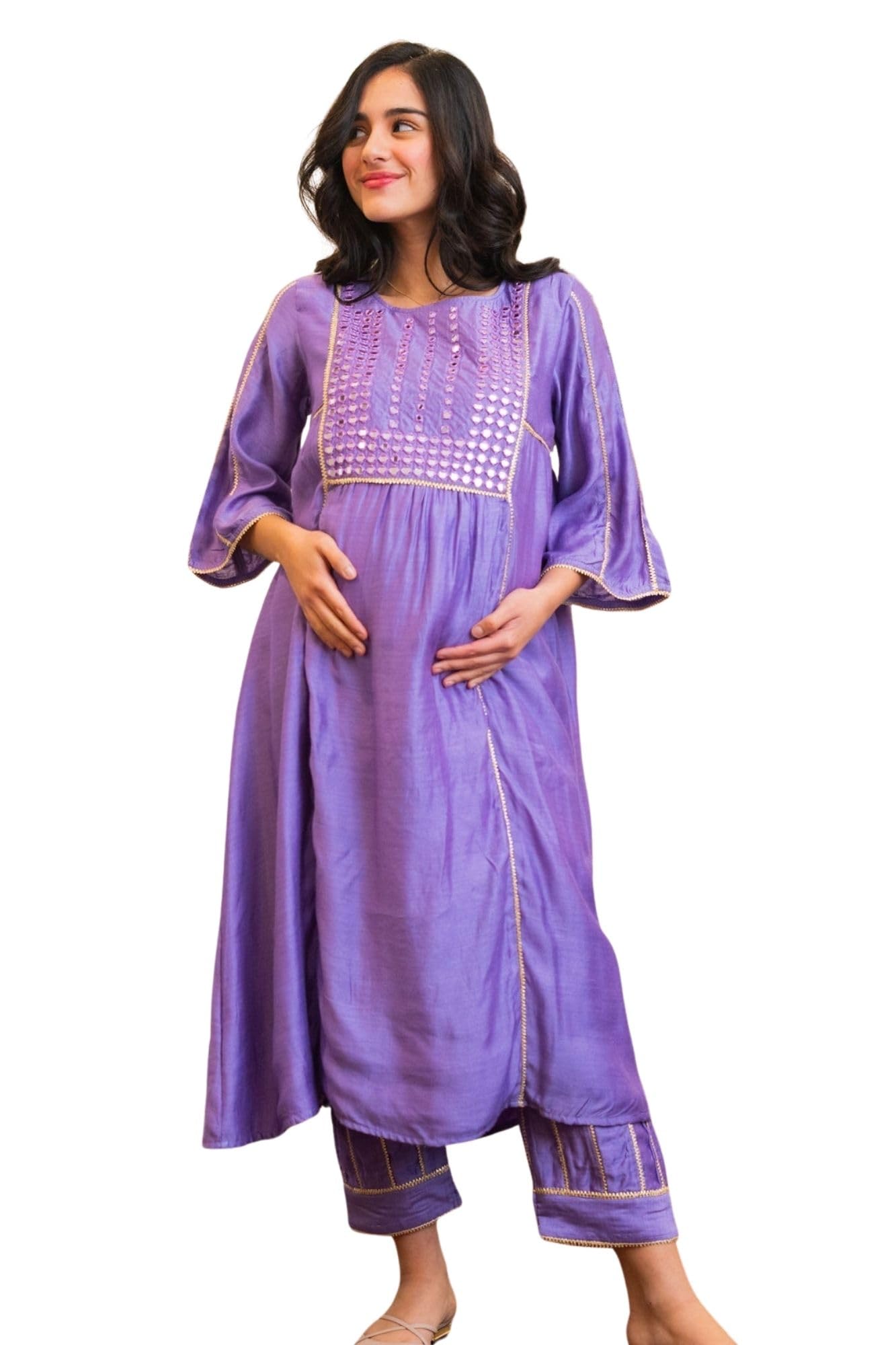 Luxe Lilac Embroidered Chanderi Maternity Kurta Set with Bottom, 2 Piece Pregnancy Wear for Women-image-36