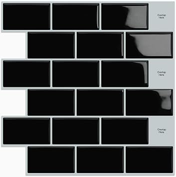 DEWOO Black Peel and Stick on Wall Tile Stickers Metro 10 Sheets 12" 12"